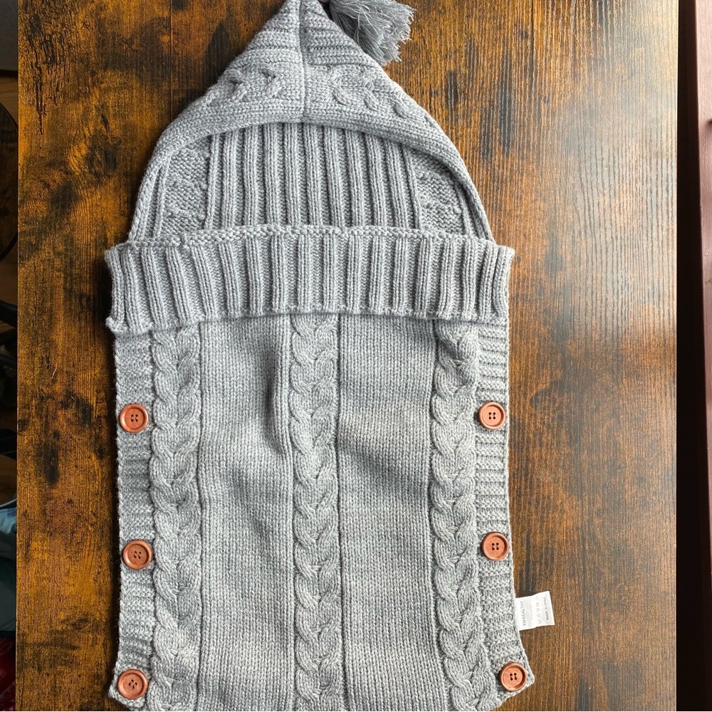 NWOT Baby Newborn Swaddle with Hood - Infant Sleeping Blanket Bag, Gray Knitted